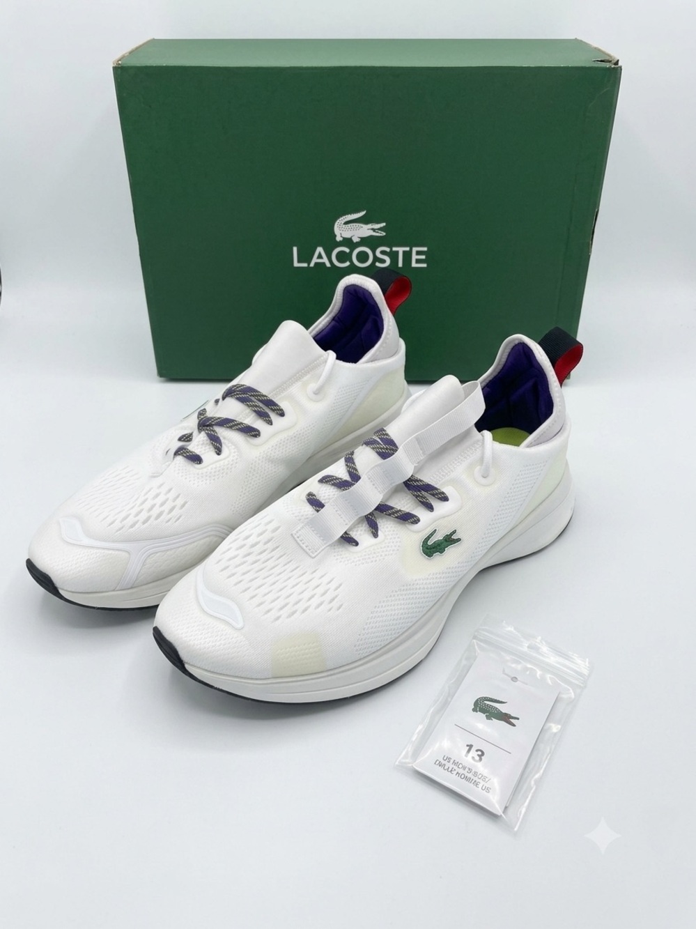 Lacoste White Sneakers with Green Logo and Navy Accents